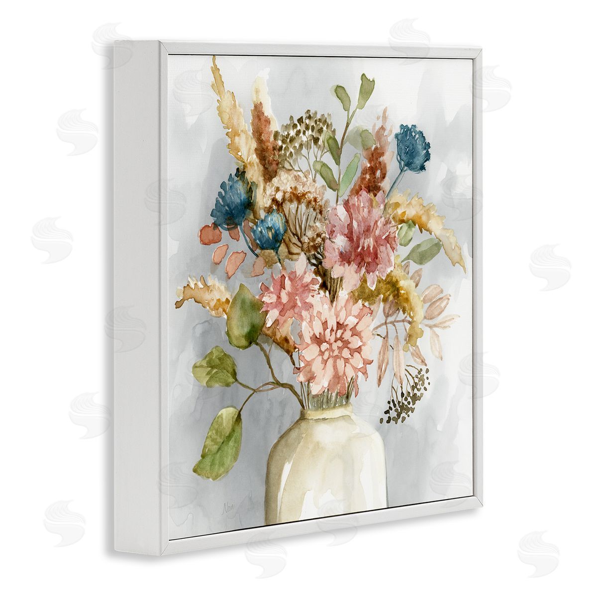Wildflower Watercolor Bouquet White Frame Print Wall Art, Home Decor by Nan