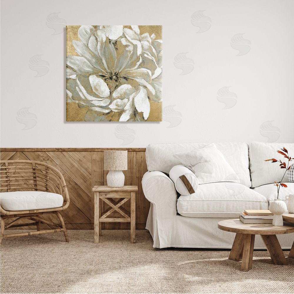 Carol Robinson Abstract White Magnolia Blossom Flower Petals over Gold Canvas Wall Art in Room