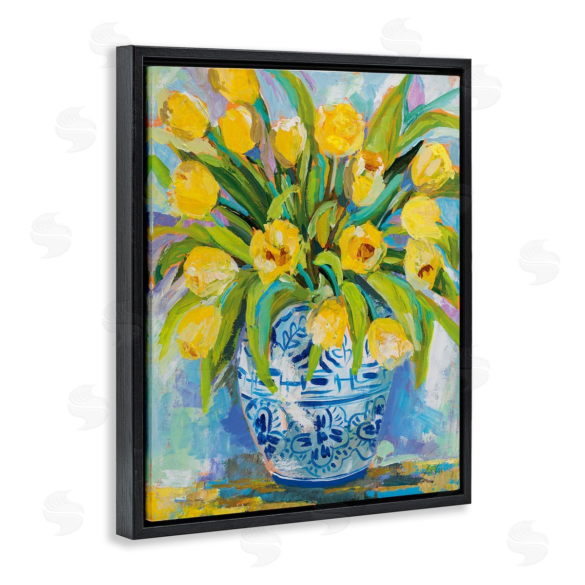 Expressive Yellow Tulips in Vase Black Floating Frame Canvas Wall Art, Home Decor by Jeanette Vertentes