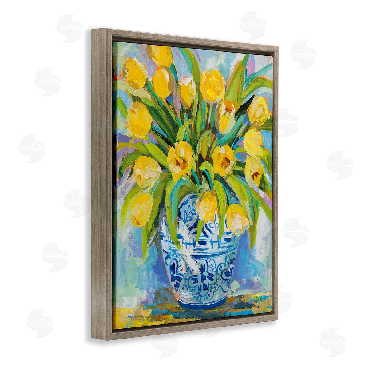Expressive Yellow Tulips in Vase Brown Floating Frame Canvas Wall Art, Home Decor by Jeanette Vertentes