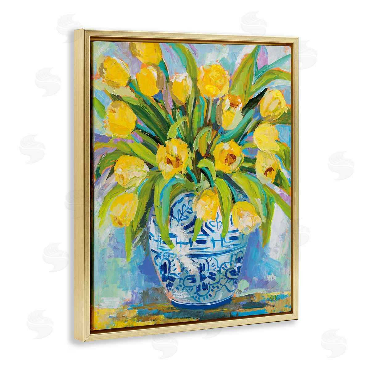 Expressive Yellow Tulips in Vase Gold Floating Frame Canvas Wall Art, Home Decor by Jeanette Vertentes