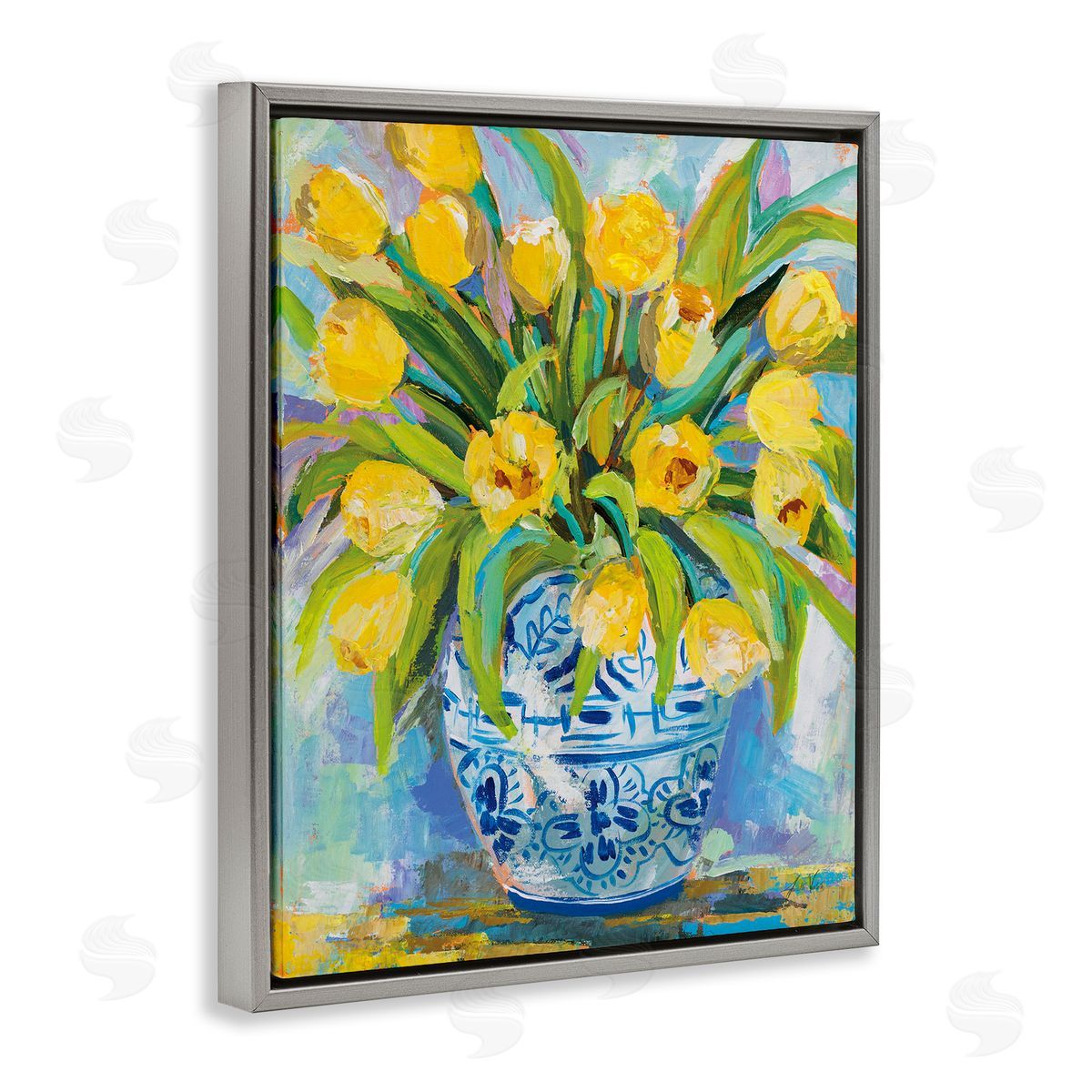 Expressive Yellow Tulips in Vase Grey Floating Frame Canvas Wall Art, Home Decor by Jeanette Vertentes