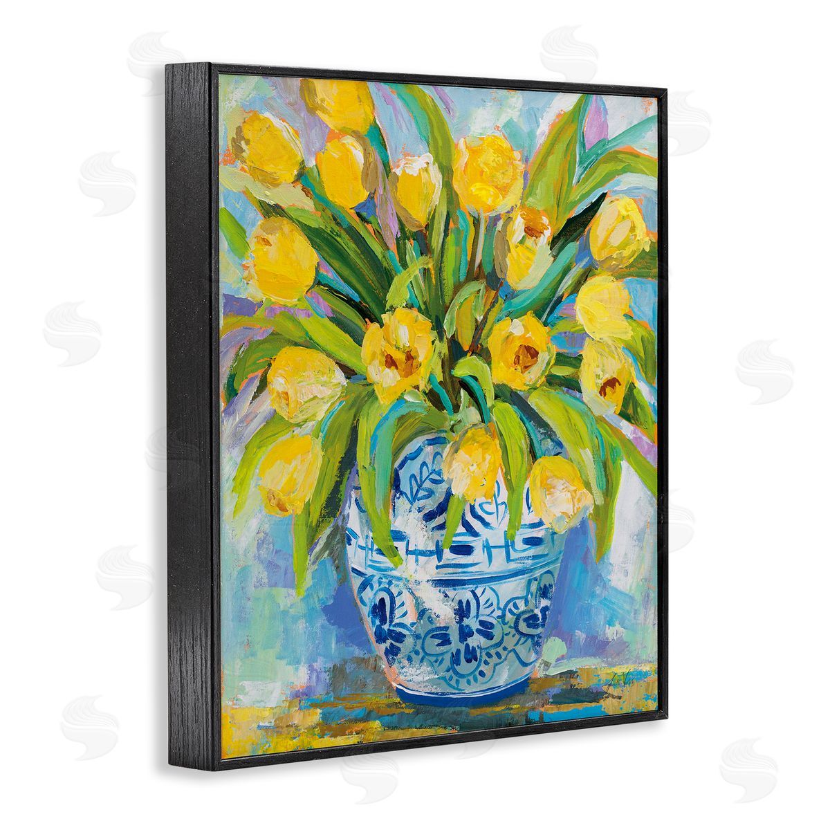 Expressive Yellow Tulips in Vase Black Frame Print Wall Art, Home Decor by Jeanette Vertentes