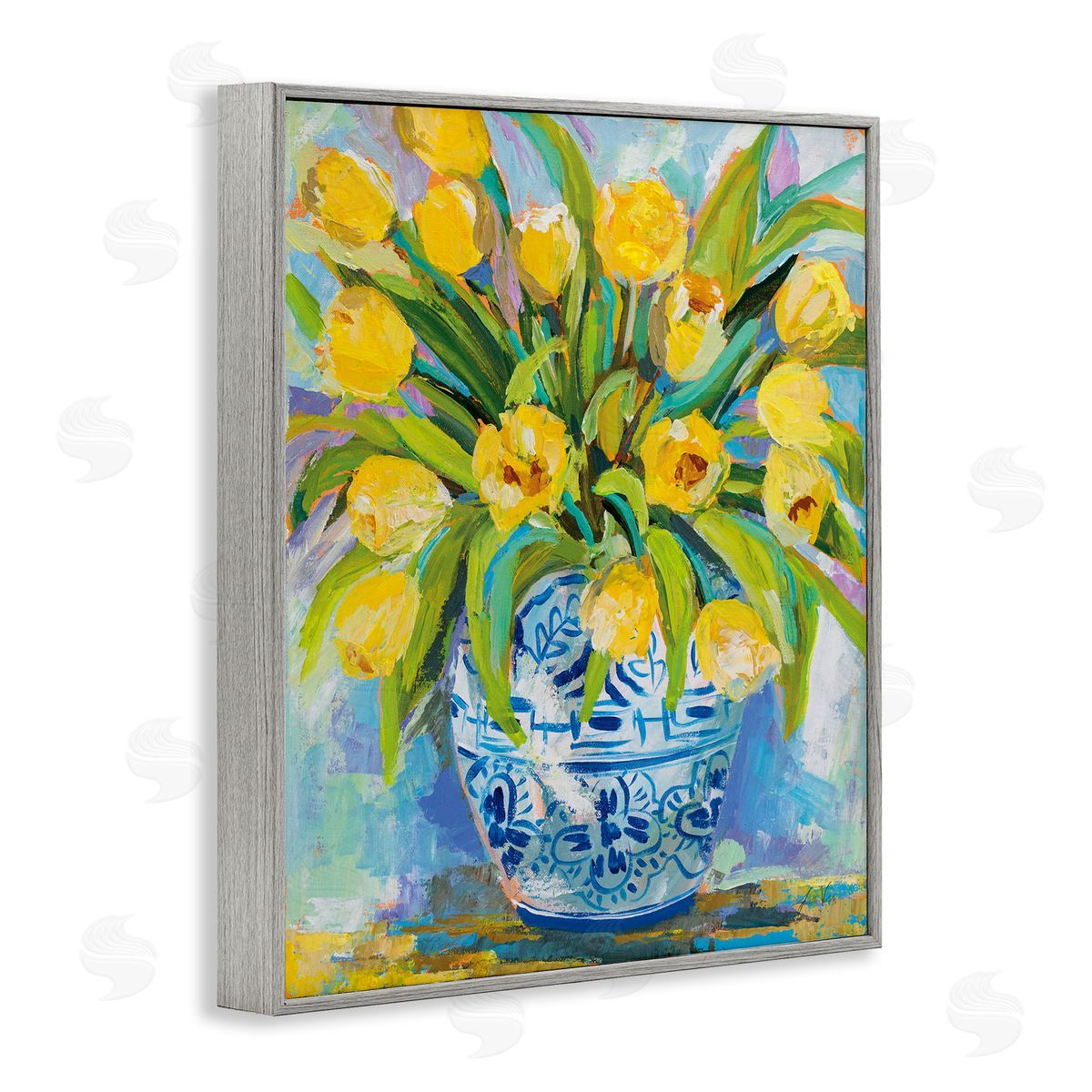 Expressive Yellow Tulips in Vase Grey Frame Print Wall Art, Home Decor by Jeanette Vertentes