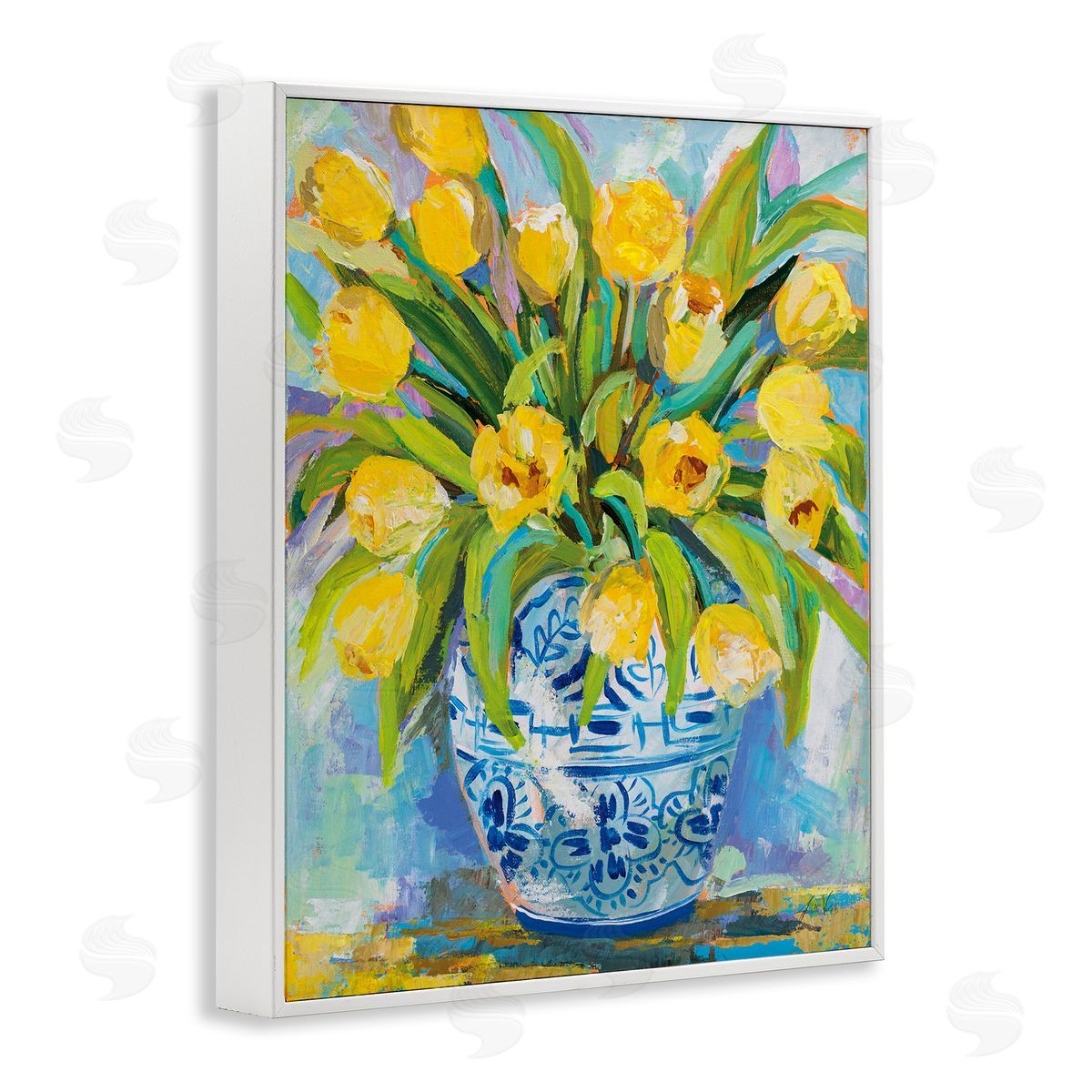 Expressive Yellow Tulips in Vase White Frame Print Wall Art, Home Decor by Jeanette Vertentes