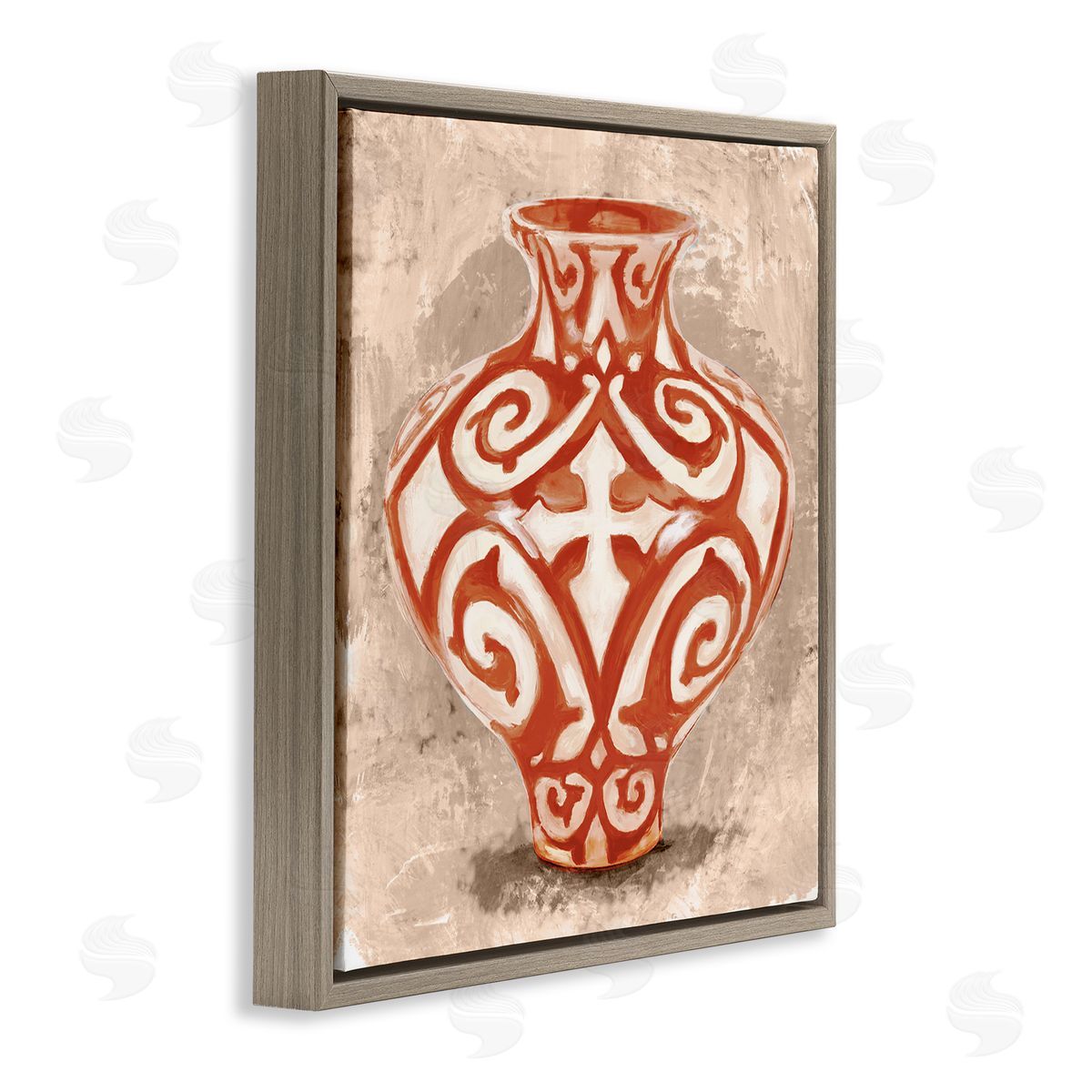 Stupell Studio Round Urn Modern Still Life Bold Red Pattern Brown Floating Frame Canvas Wall Art Print