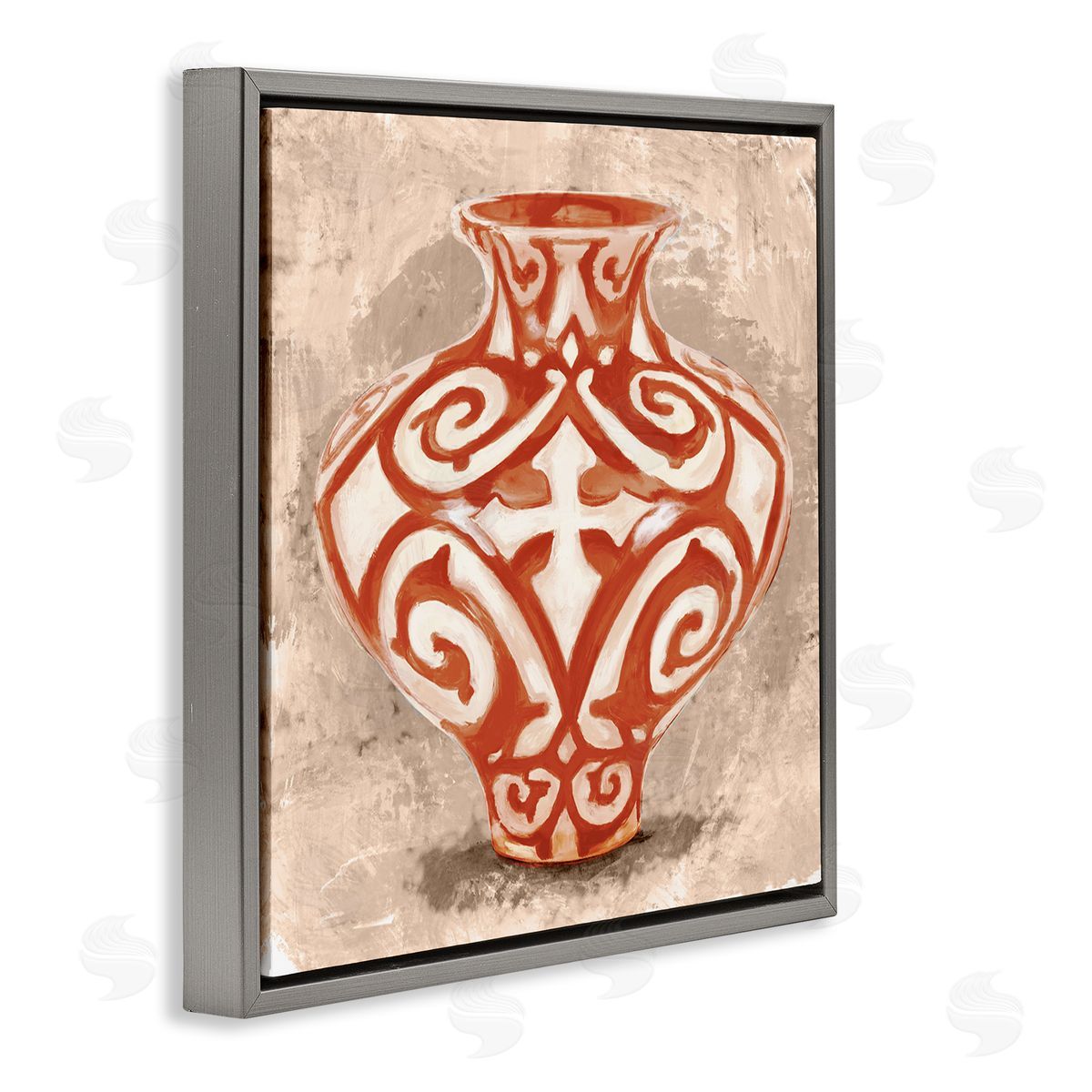 Stupell Studio Round Urn Modern Still Life Bold Red Pattern Gray Floating Frame Canvas Wall Art Print