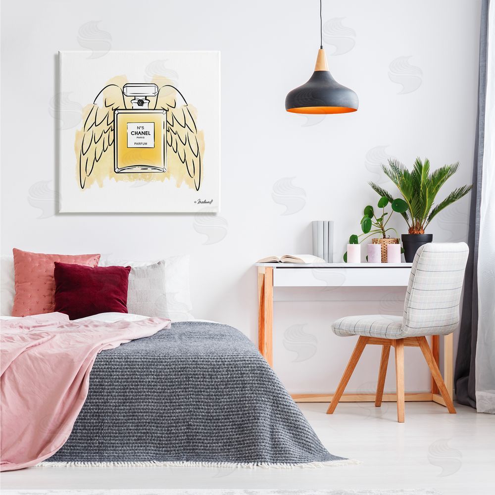 Martina Pavlova Golden Glam Fashion Perfume Bottle Angel Wings Canvas Wall Art in Room