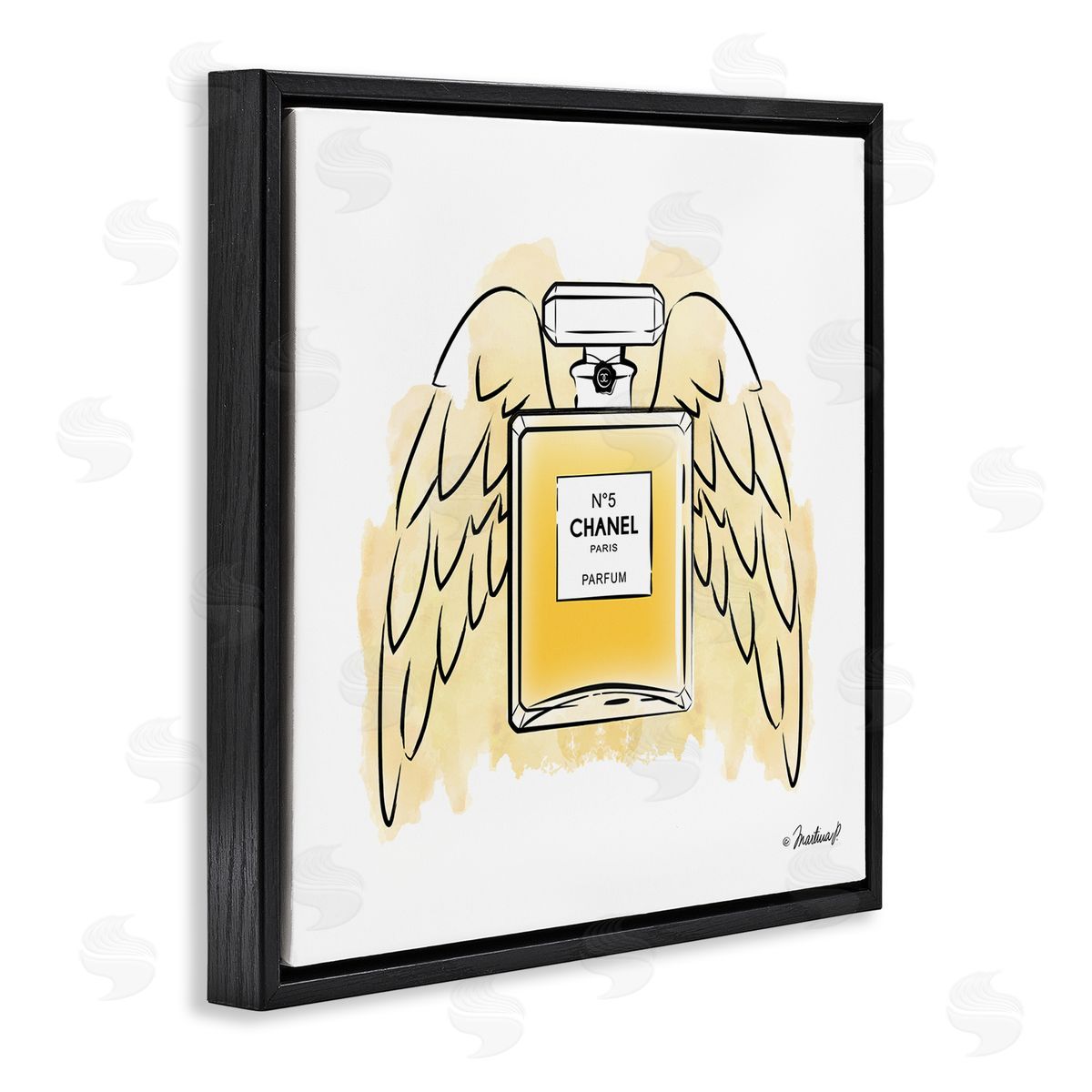 Martina Pavlova Golden Glam Fashion Perfume Bottle Angel Wings Black Floating Frame Canvas Wall Art Print