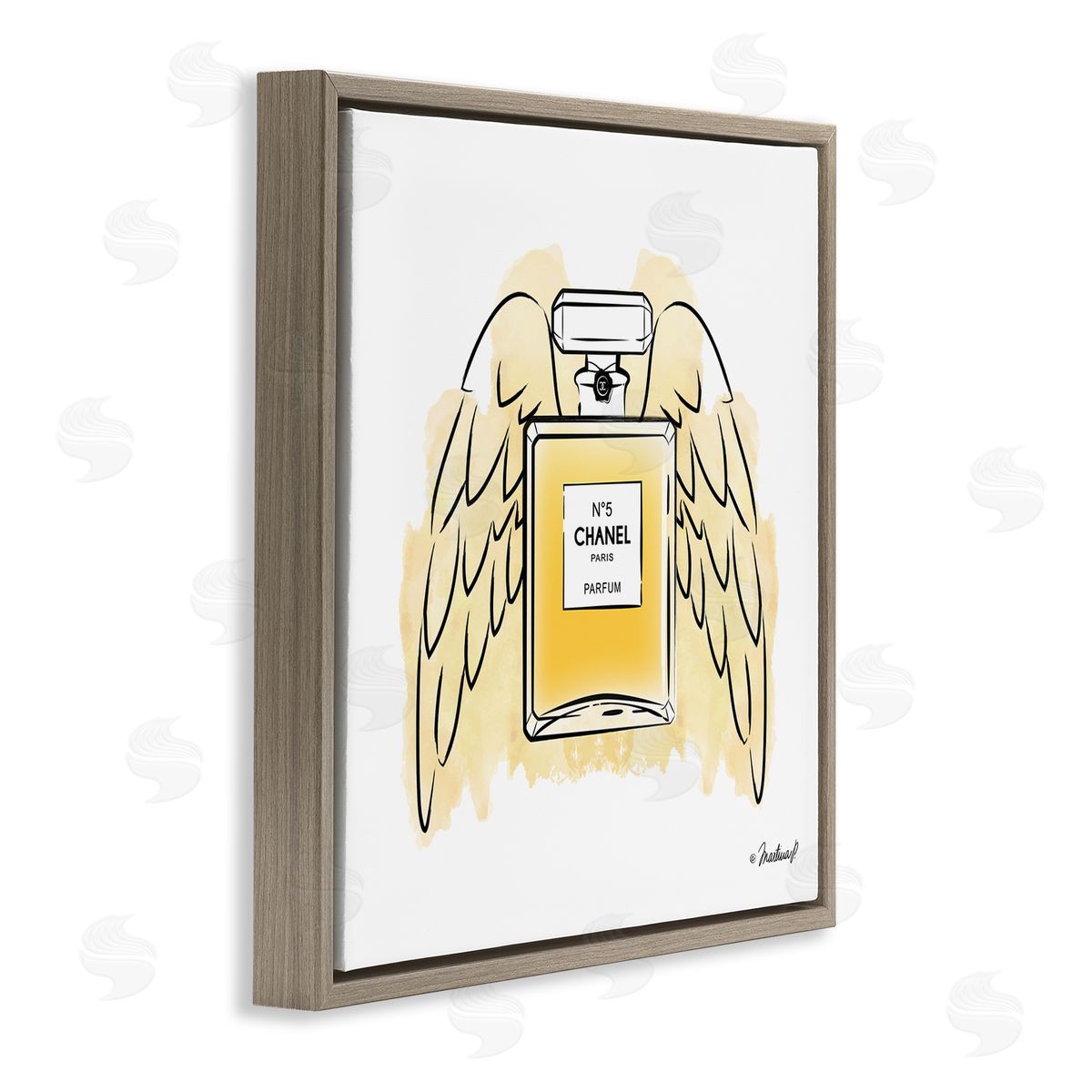 Martina Pavlova Golden Glam Fashion Perfume Bottle Angel Wings Brown Floating Frame Canvas Wall Art Print