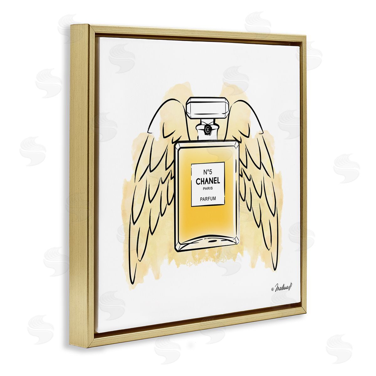 Martina Pavlova Golden Glam Fashion Perfume Bottle Angel Wings Gold Floating Frame Canvas Wall Art Print
