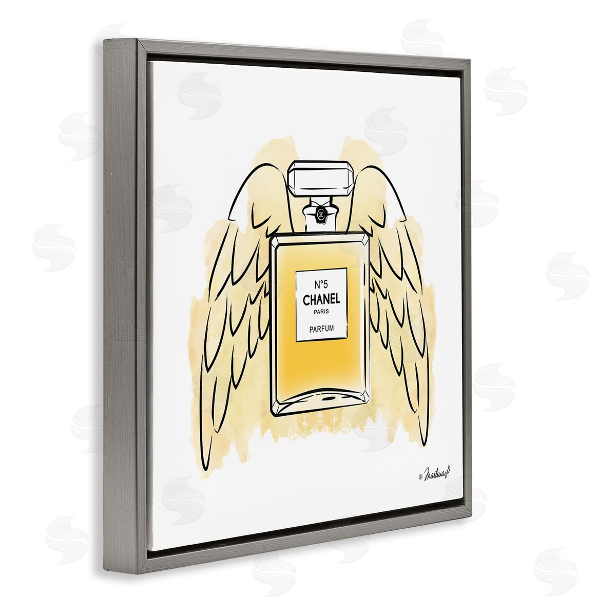 Martina Pavlova Golden Glam Fashion Perfume Bottle Angel Wings Gray Floating Frame Canvas Wall Art Print