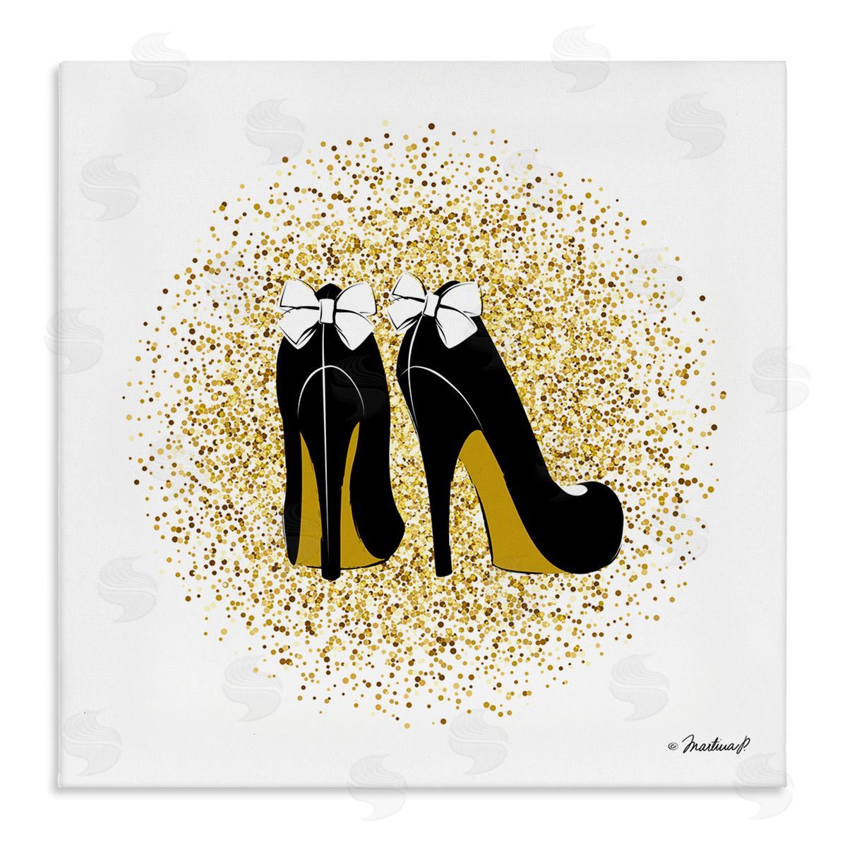 Martina Pavlova Gold Glitz Fashion Bow High Heels Abstract Splatter Stretched Canvas Wall Art Print