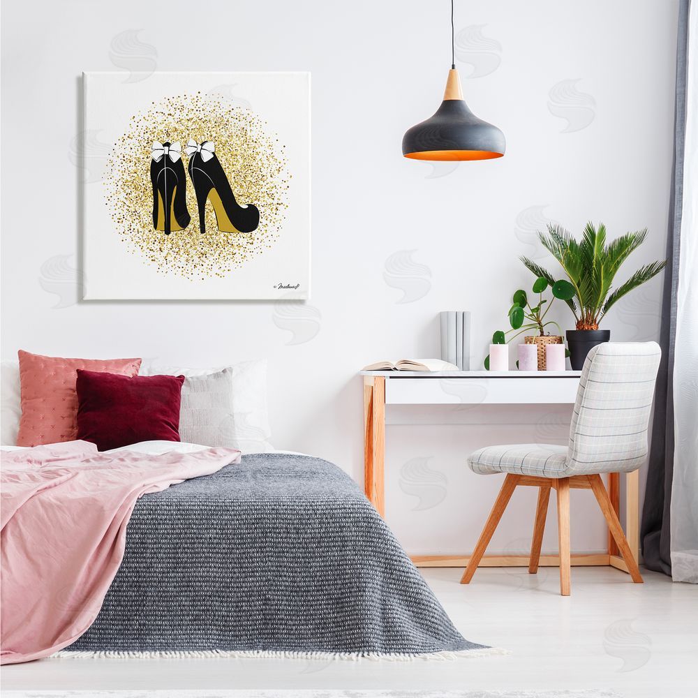 Martina Pavlova Gold Glitz Fashion Bow High Heels Abstract Splatter Canvas Wall Art in Room