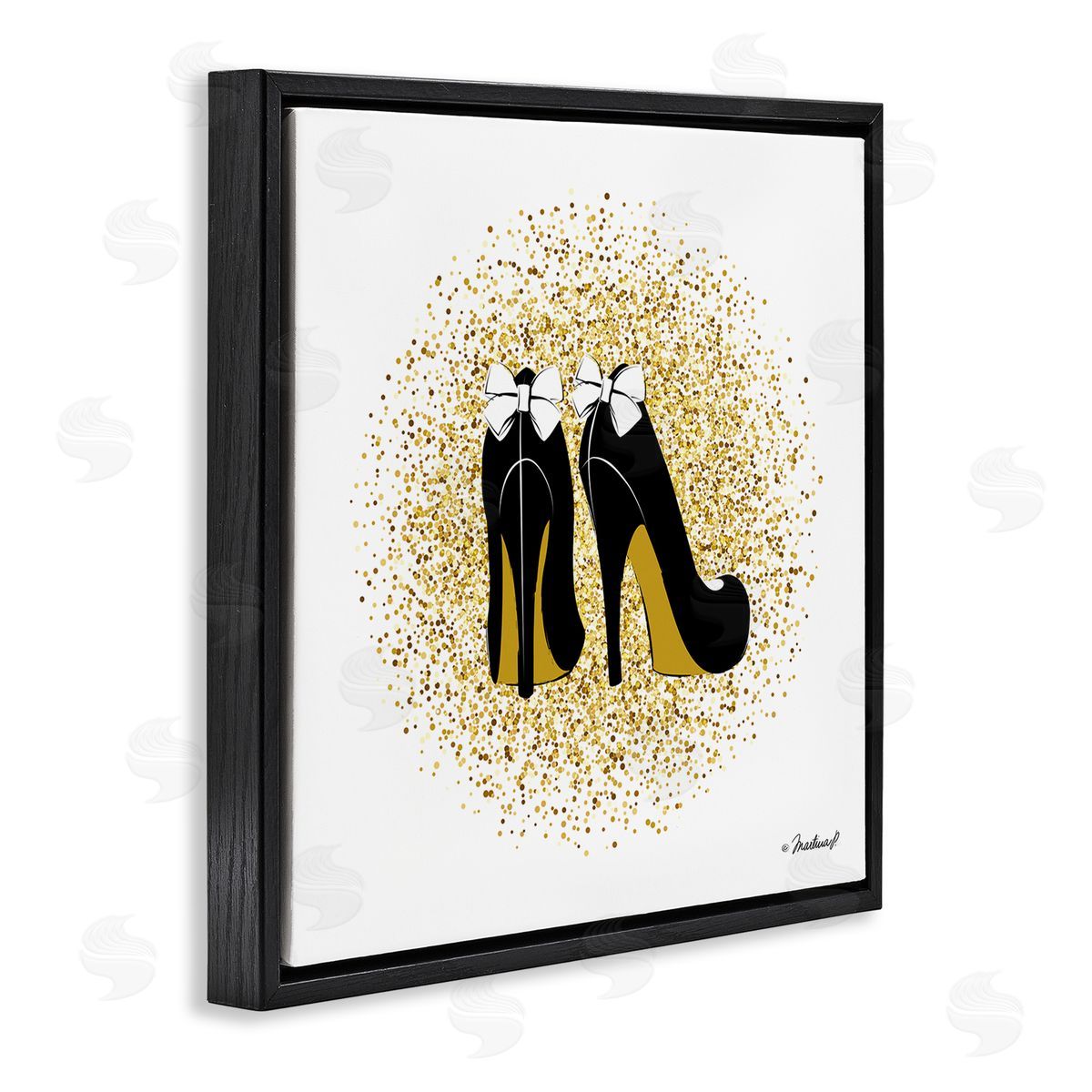Martina Pavlova Gold Glitz Fashion Bow High Heels Abstract Splatter Black Floating Frame Canvas Wall Art Print