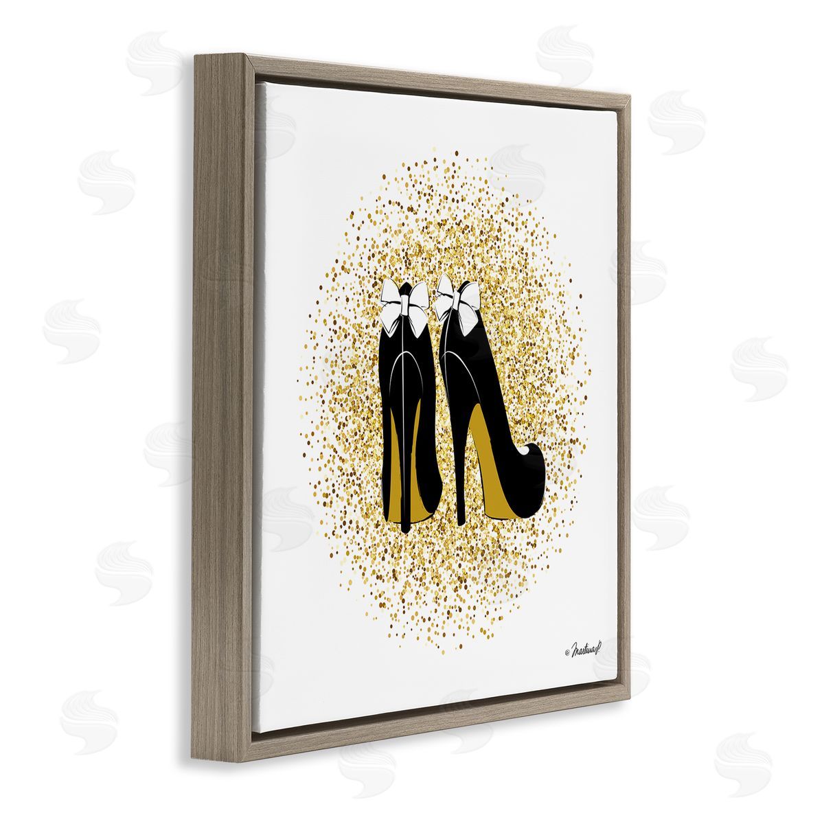 Martina Pavlova Gold Glitz Fashion Bow High Heels Abstract Splatter Brown Floating Frame Canvas Wall Art Print
