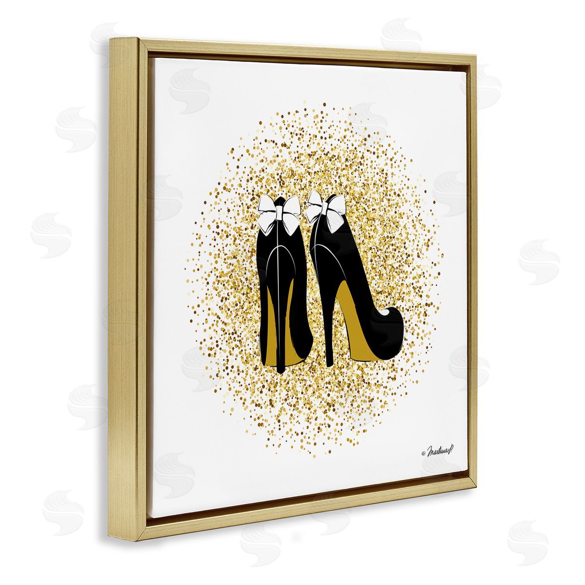 Martina Pavlova Gold Glitz Fashion Bow High Heels Abstract Splatter Gold Floating Frame Canvas Wall Art Print