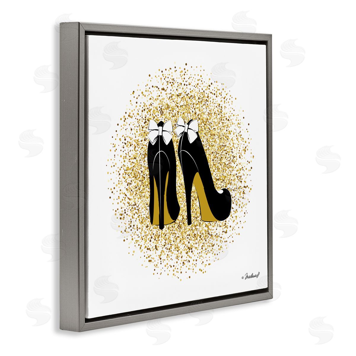 Martina Pavlova Gold Glitz Fashion Bow High Heels Abstract Splatter Gray Floating Frame Canvas Wall Art Print