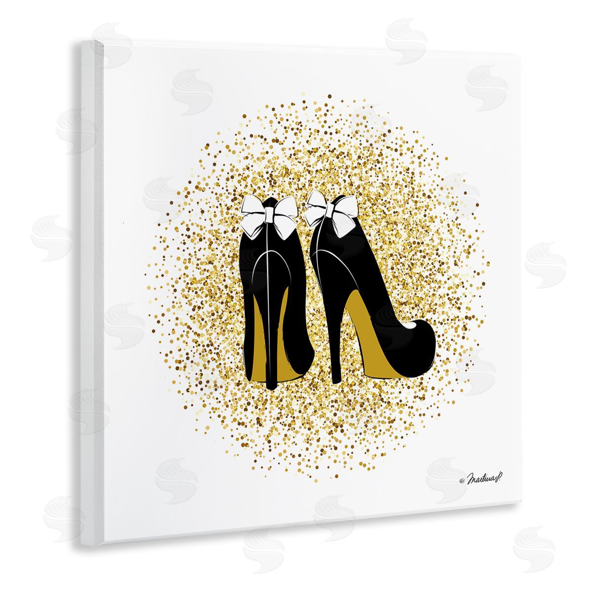 Martina Pavlova Gold Glitz Fashion Bow High Heels Abstract Splatter Wooden Wall Plaque Art Print