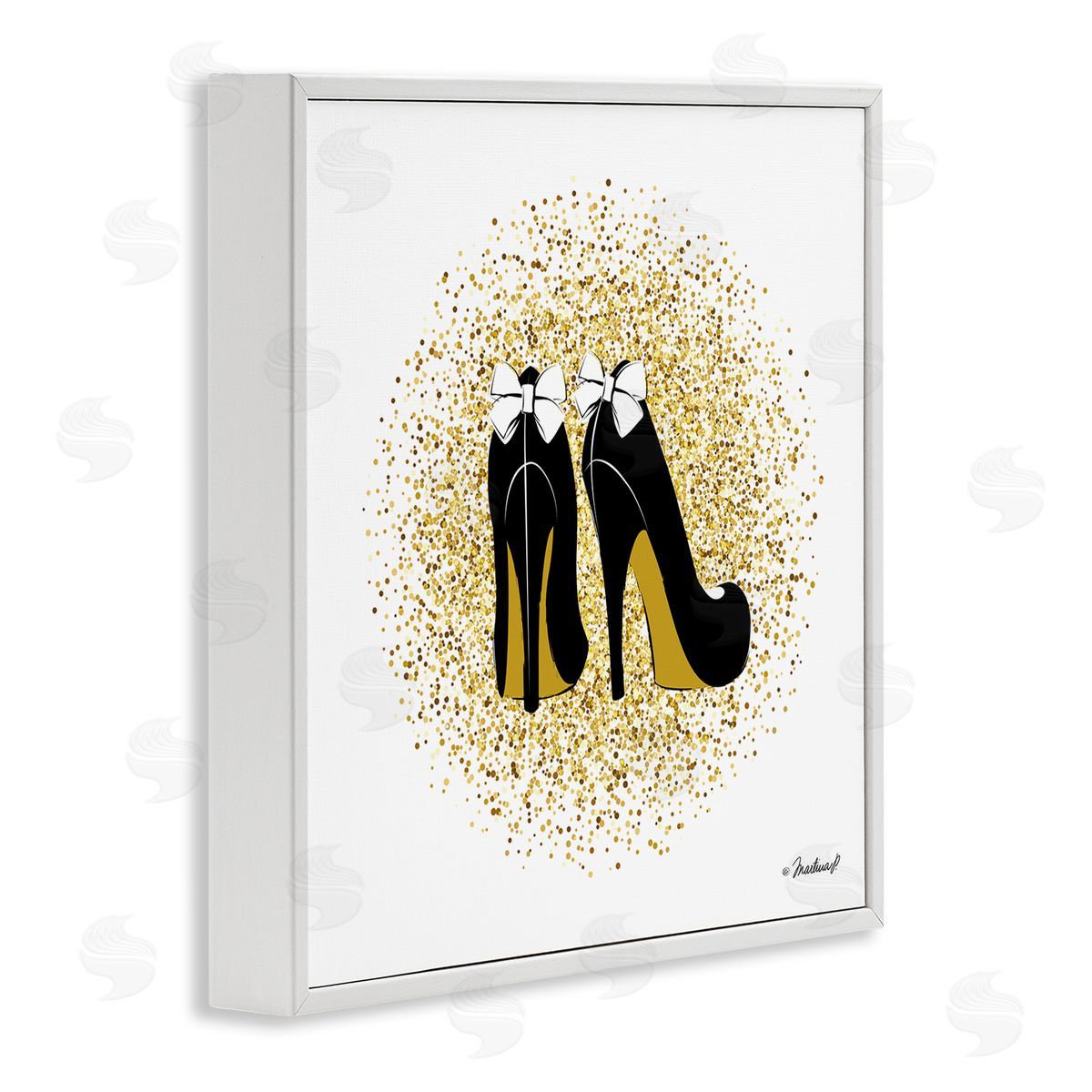 Martina Pavlova Gold Glitz Fashion Bow High Heels Abstract Splatter White Framed Glicee Wall Art Print