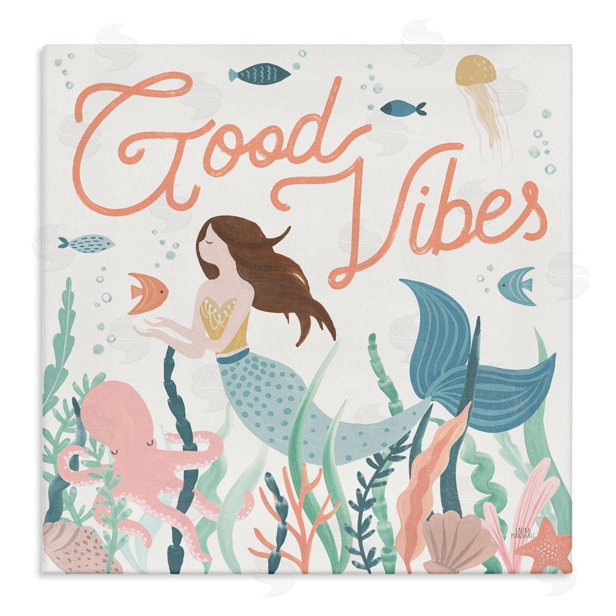 Laura Marshall Good Vibes Phrase Children's Mermaid Under Water Fish Stretched Canvas Wall Art Print