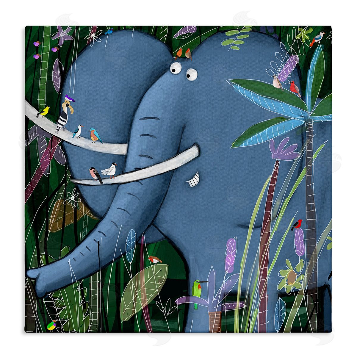Carla Daly Elephant Safari Illustration Children's Tropical Jungle Animal Stretched Canvas Wall Art Print