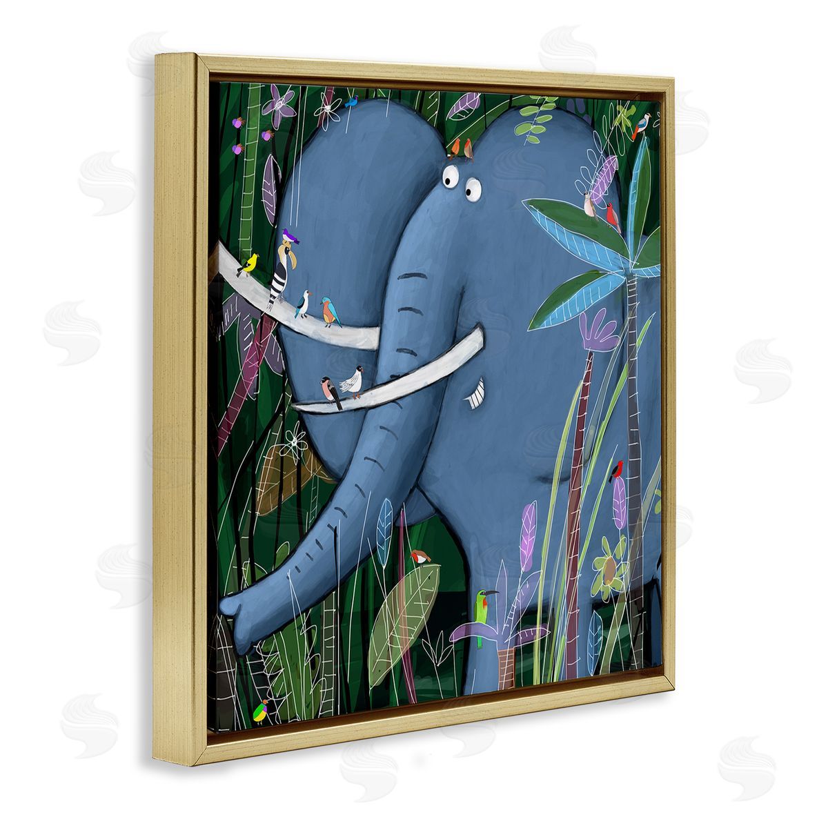Carla Daly Elephant Safari Illustration Children's Tropical Jungle Animal Gold Floating Frame Canvas Wall Art Print