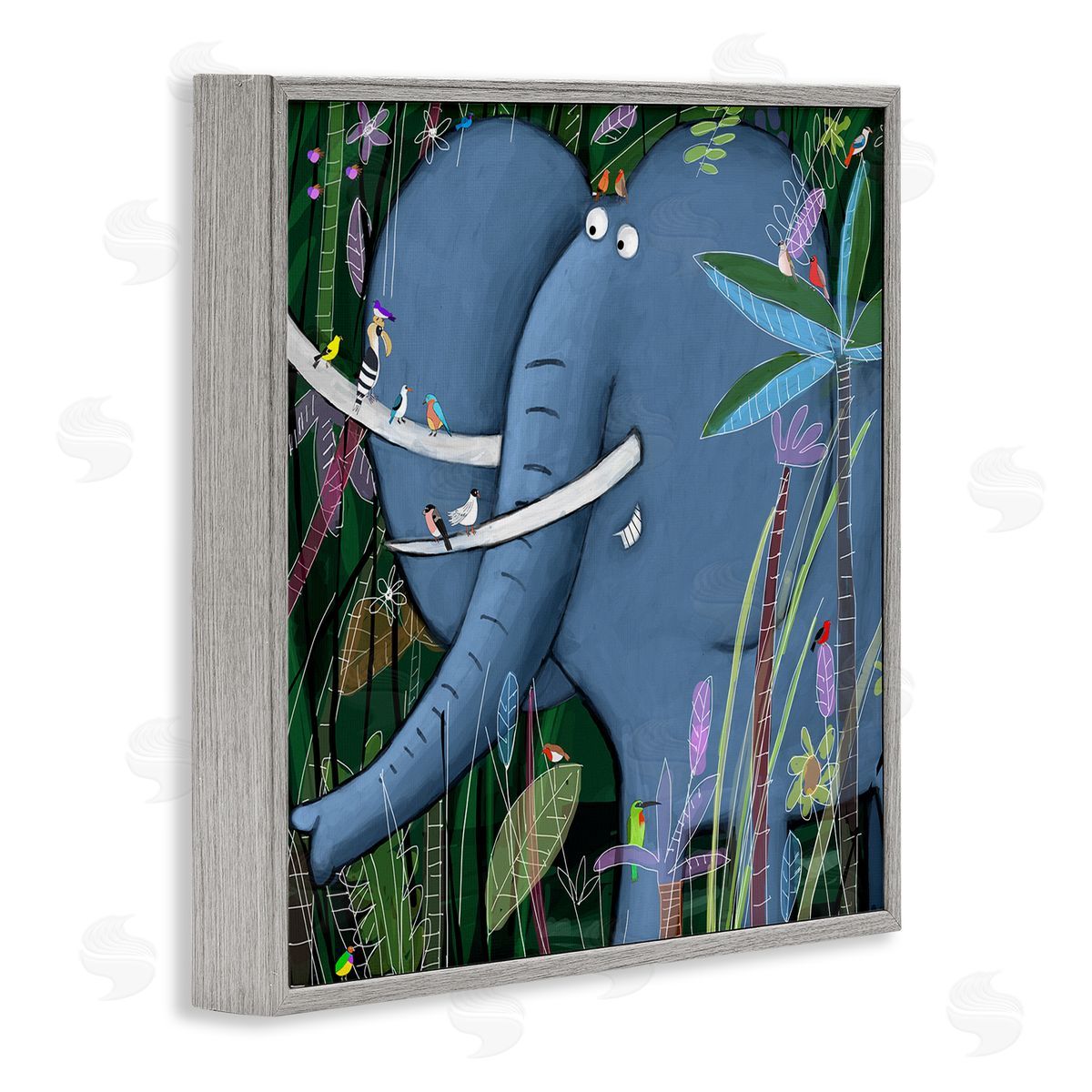Carla Daly Elephant Safari Illustration Children's Tropical Jungle Animal Gray Framed Glicee Wall Art Print