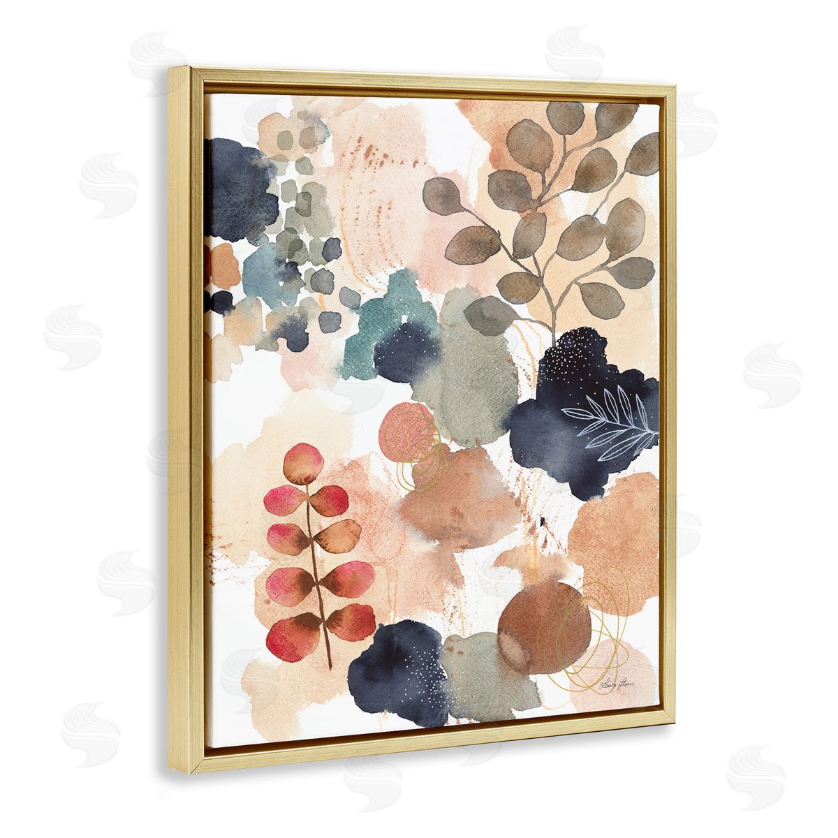 Abstract Botanical Shape Collage Gold Floating Frame Canvas Wall Art, Home Decor by Laura Horn