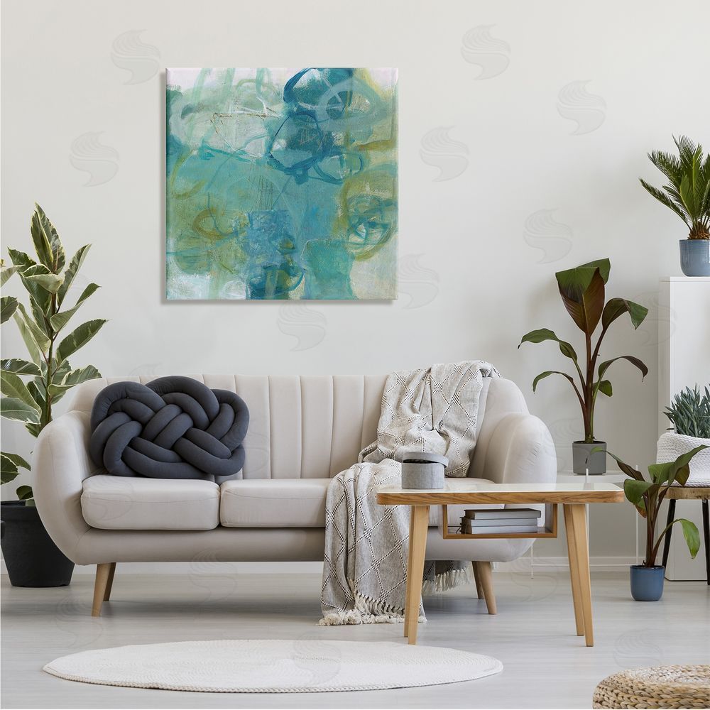 Carole Leslie Busy Blue Green Abstract Painting Overlapping Scribbled Lines Canvas Wall Art in Room