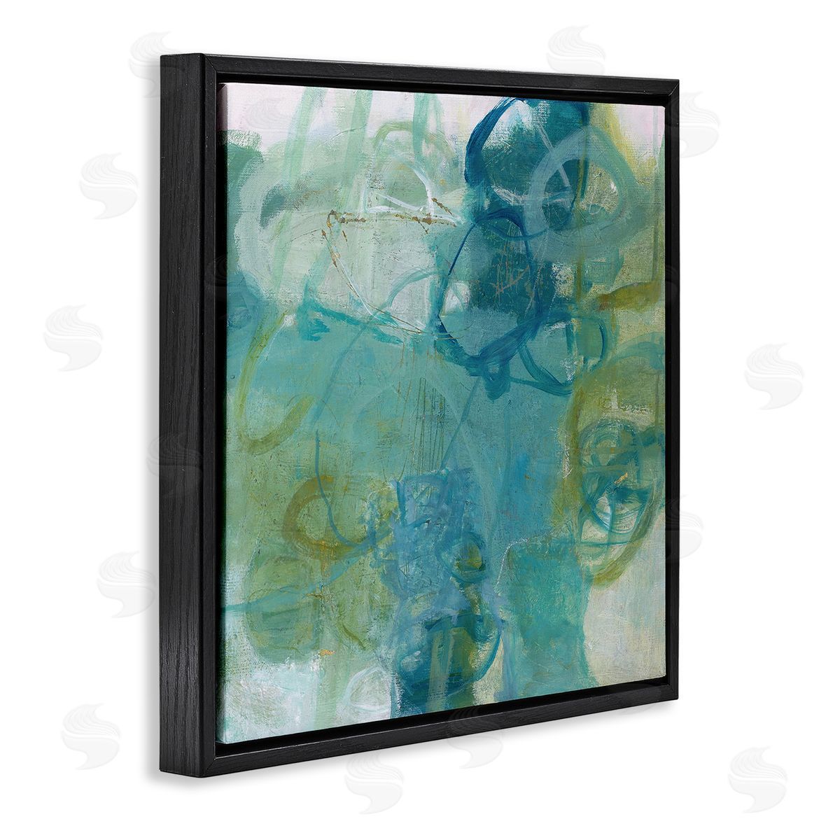 Carole Leslie Busy Blue Green Abstract Painting Overlapping Scribbled Lines Black Floating Frame Canvas Wall Art Print