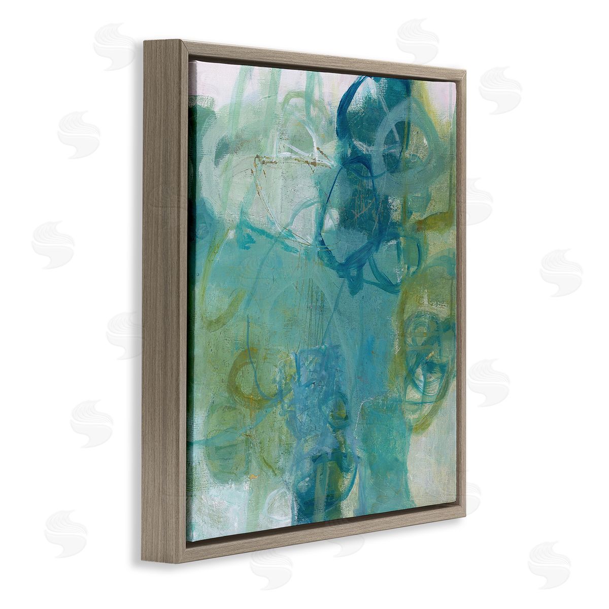 Carole Leslie Busy Blue Green Abstract Painting Overlapping Scribbled Lines Brown Floating Frame Canvas Wall Art Print