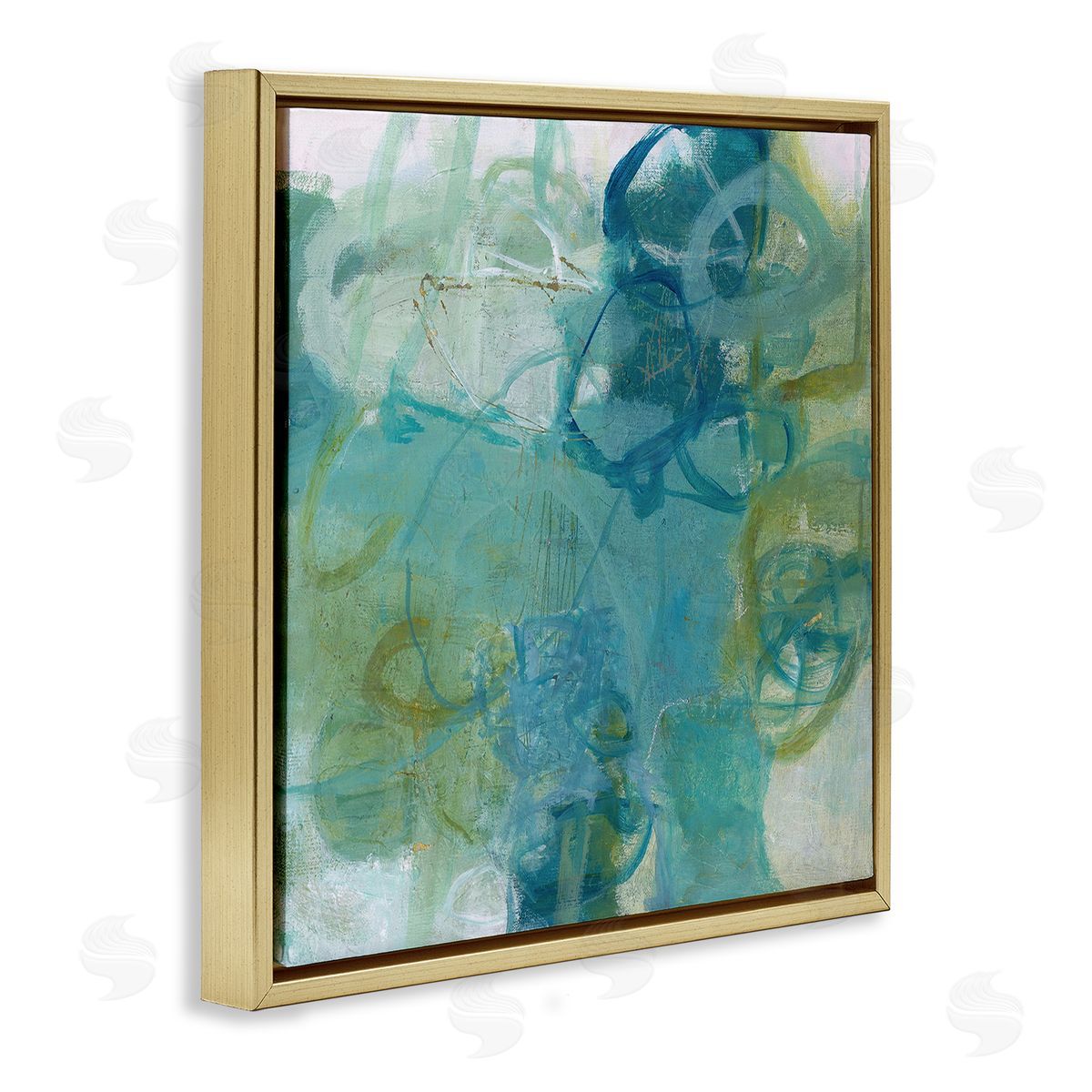 Carole Leslie Busy Blue Green Abstract Painting Overlapping Scribbled Lines Gold Floating Frame Canvas Wall Art Print
