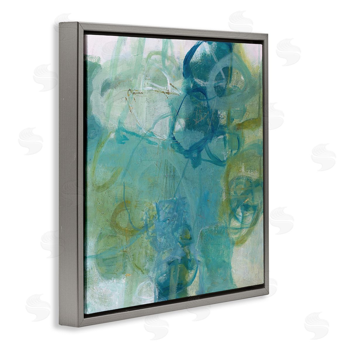 Carole Leslie Busy Blue Green Abstract Painting Overlapping Scribbled Lines Gray Floating Frame Canvas Wall Art Print