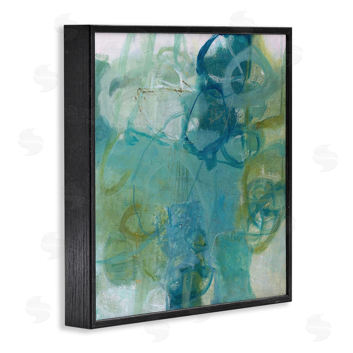 Carole Leslie Busy Blue Green Abstract Painting Overlapping Scribbled Lines Black Framed Glicee Wall Art Print