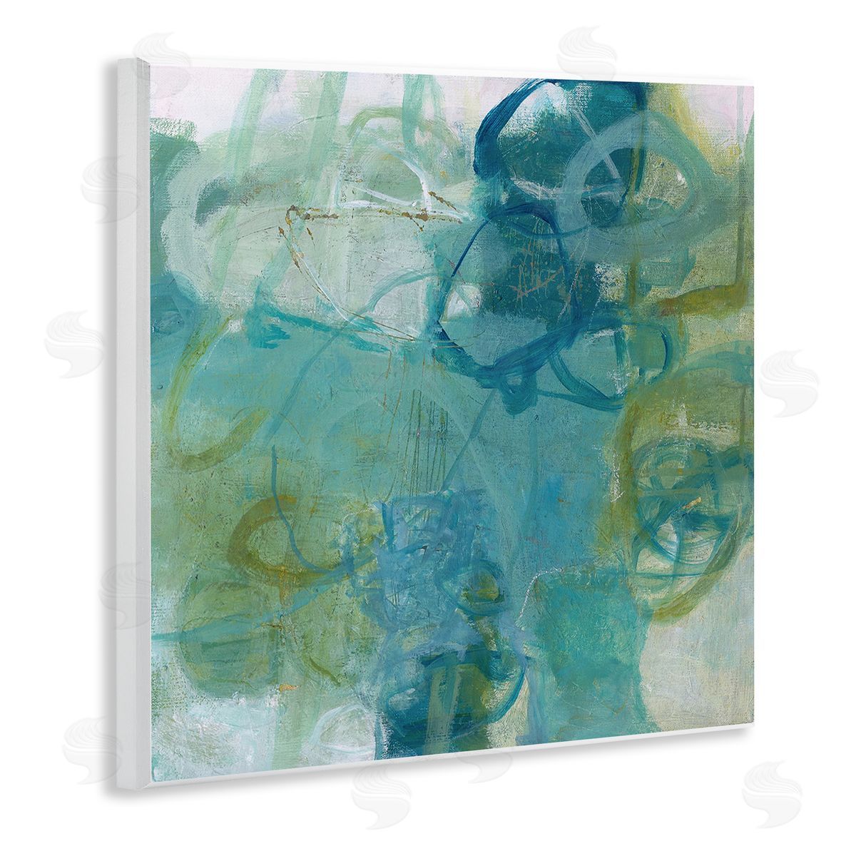 Carole Leslie Busy Blue Green Abstract Painting Overlapping Scribbled Lines Wooden Wall Plaque Art Print