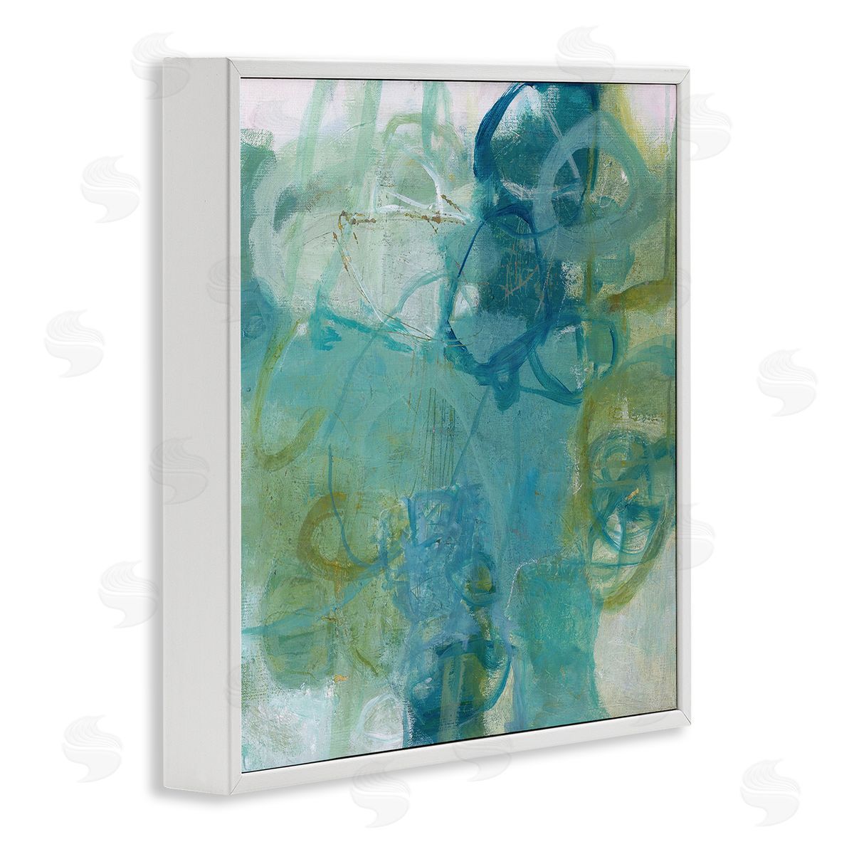 Carole Leslie Busy Blue Green Abstract Painting Overlapping Scribbled Lines White Framed Glicee Wall Art Print