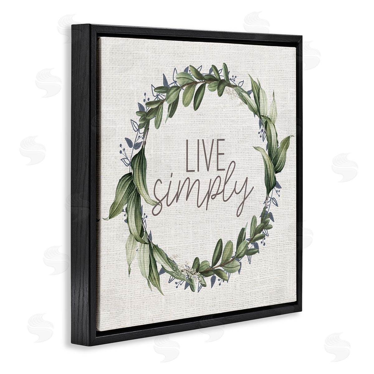 Kim Allen Live Simply Phrase Green Botanical Leaf Wreath Black Floating Frame Canvas Wall Art Print