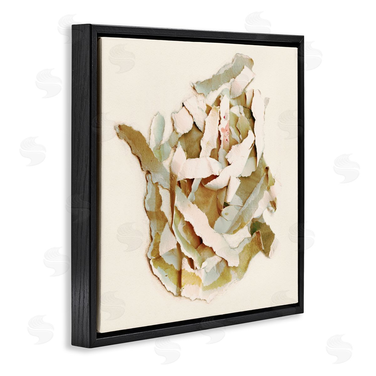 Kamdon Kreations Rose Plant Sliced Paper Pattern Neutral Abstract Collage Black Floating Frame Canvas Wall Art Print