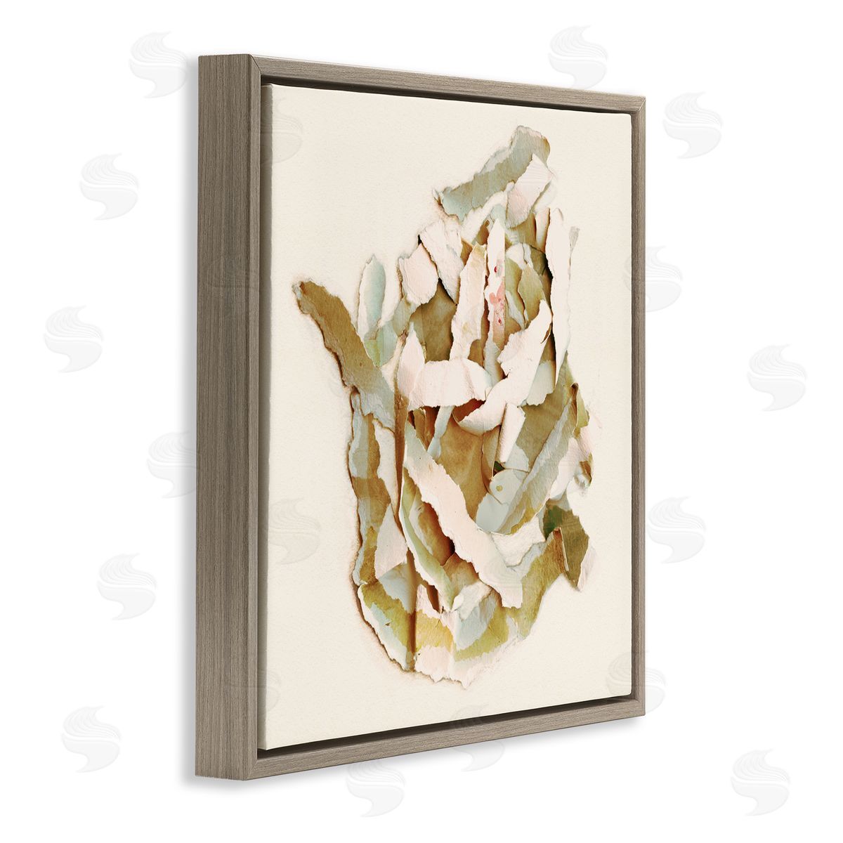 Kamdon Kreations Rose Plant Sliced Paper Pattern Neutral Abstract Collage Brown Floating Frame Canvas Wall Art Print