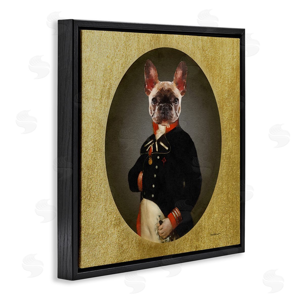 Amanda Greenwood Military French Bulldog Funny Conquistador Dog Fashion Black Floating Frame Canvas Wall Art Print