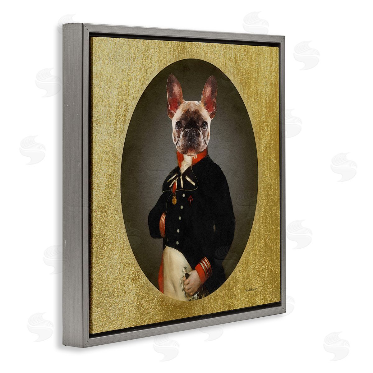 Amanda Greenwood Military French Bulldog Funny Conquistador Dog Fashion Gray Floating Frame Canvas Wall Art Print