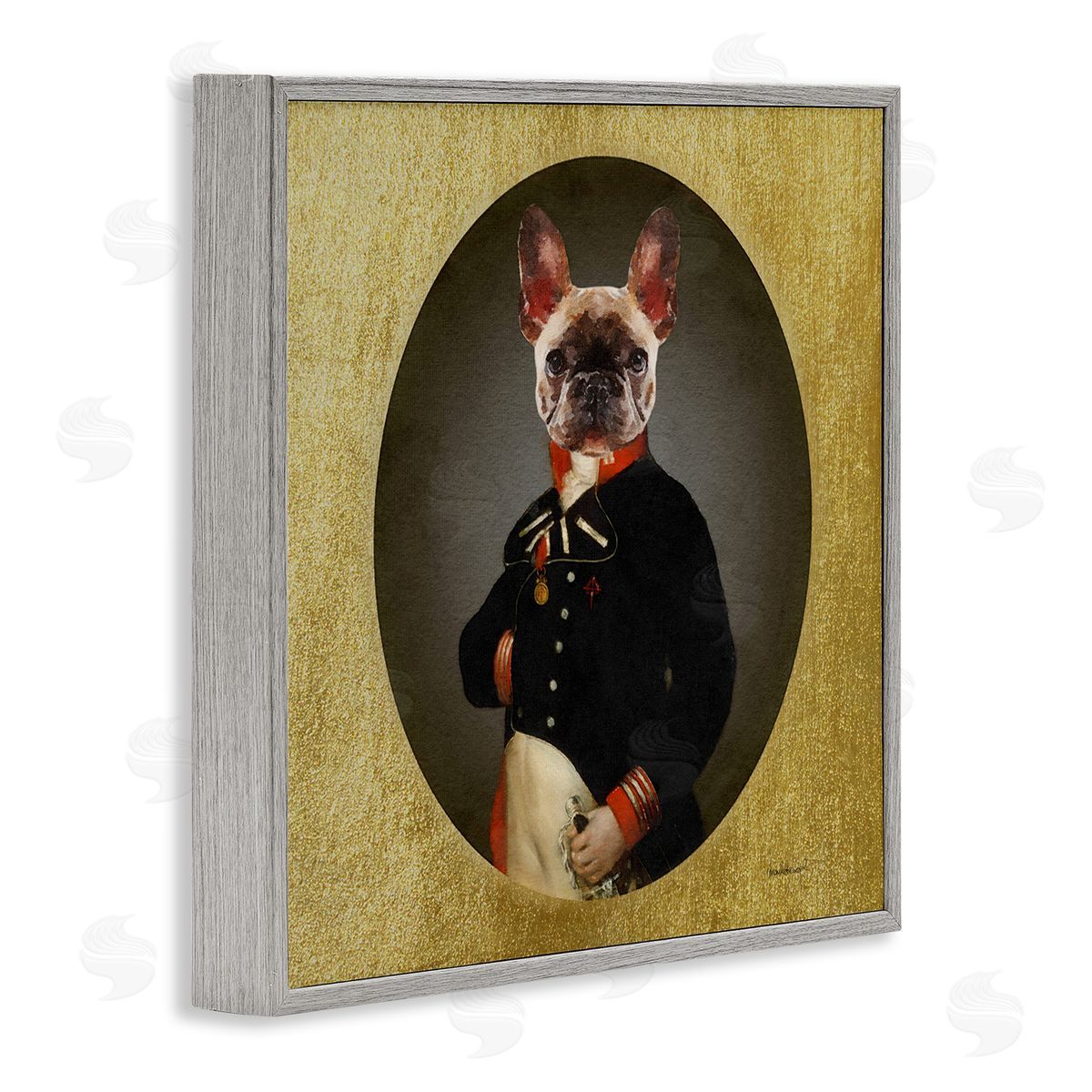 Amanda Greenwood Military French Bulldog Funny Conquistador Dog Fashion Gray Framed Glicee Wall Art Print