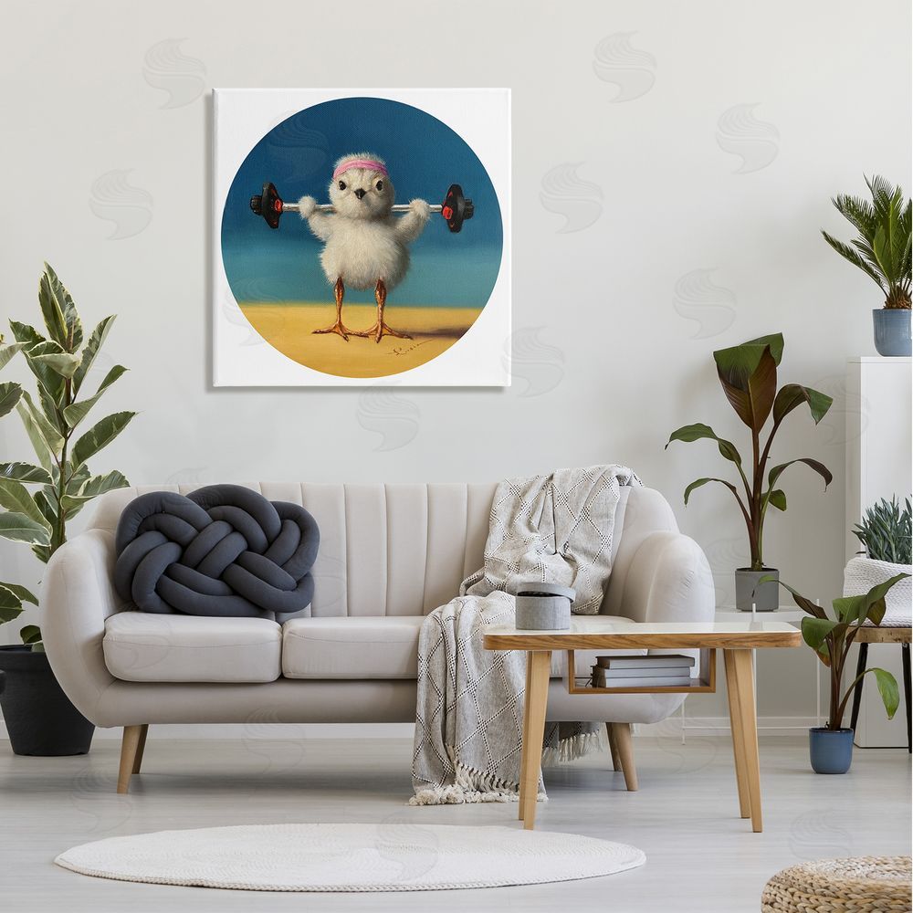 Lucia Heffernan Born Strong Little Chicken Bird Lifting Weights Canvas Wall Art in Room