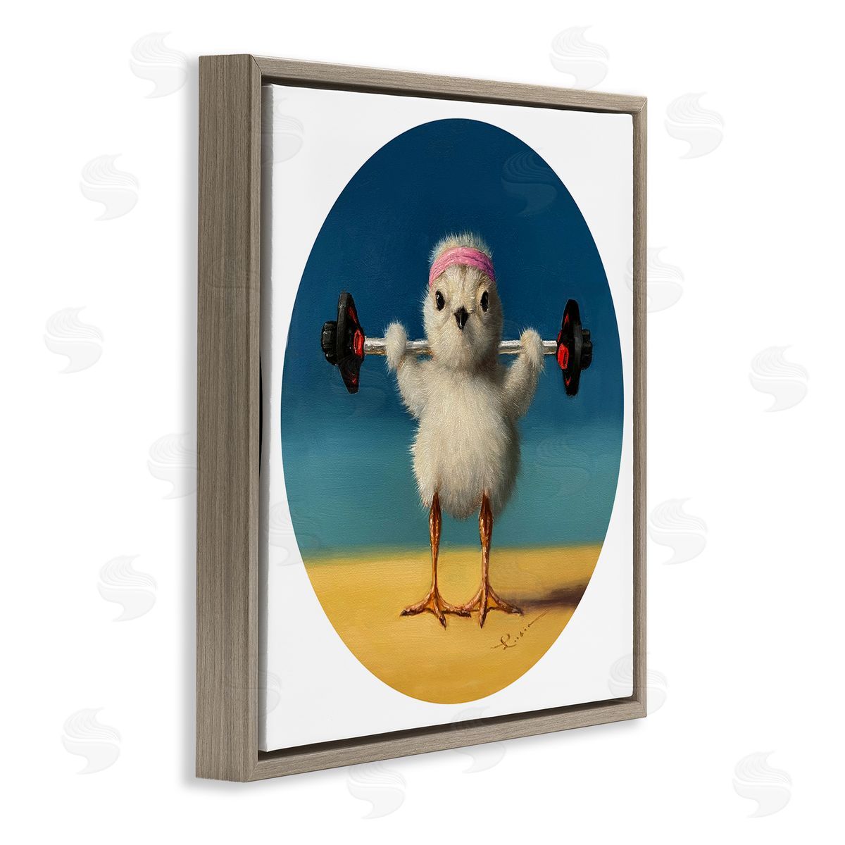 Lucia Heffernan Born Strong Little Chicken Bird Lifting Weights Brown Floating Frame Canvas Wall Art Print