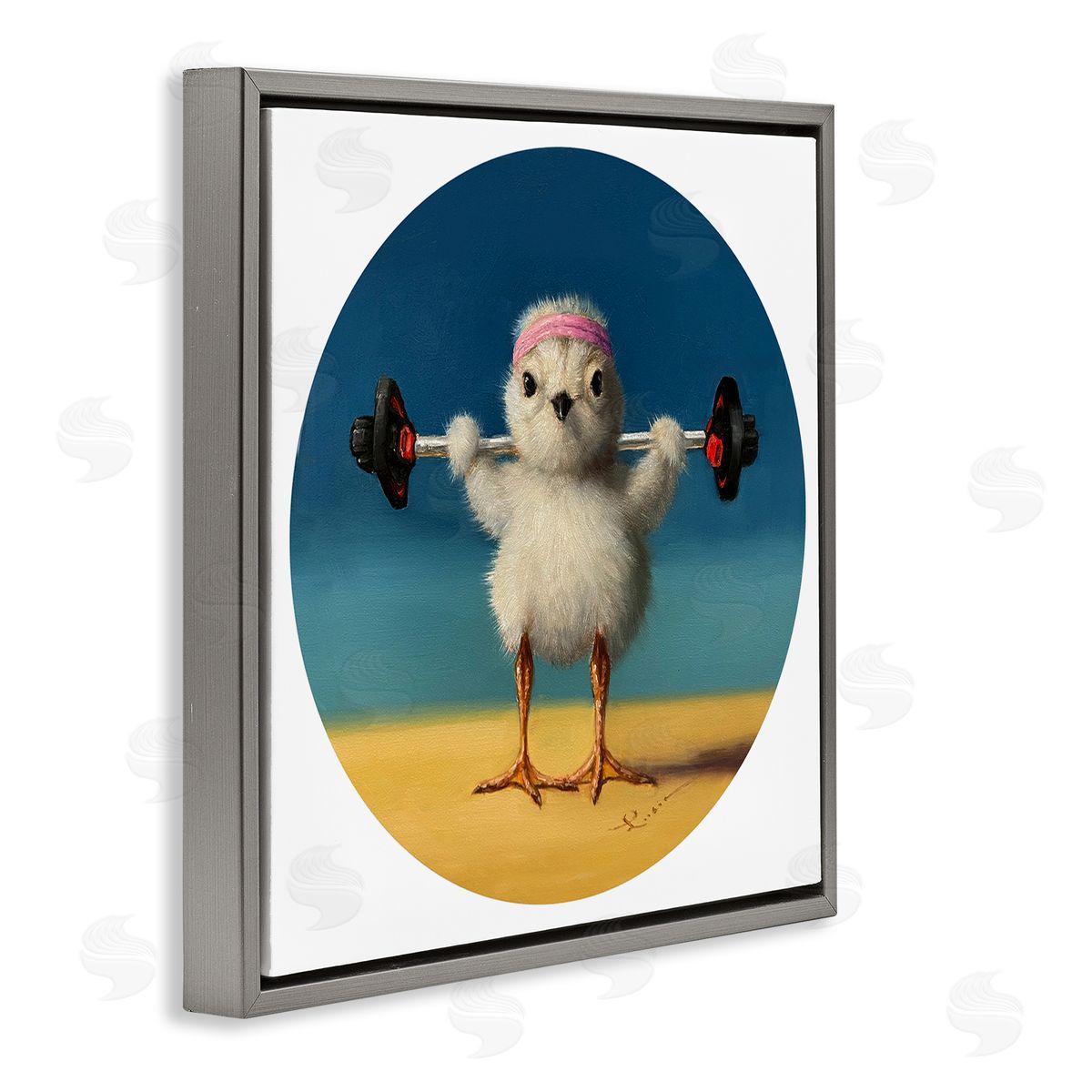 Lucia Heffernan Born Strong Little Chicken Bird Lifting Weights Gray Floating Frame Canvas Wall Art Print