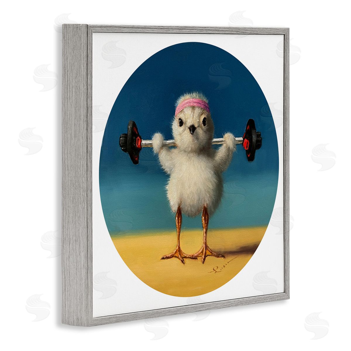 Lucia Heffernan Born Strong Little Chicken Bird Lifting Weights Gray Framed Glicee Wall Art Print