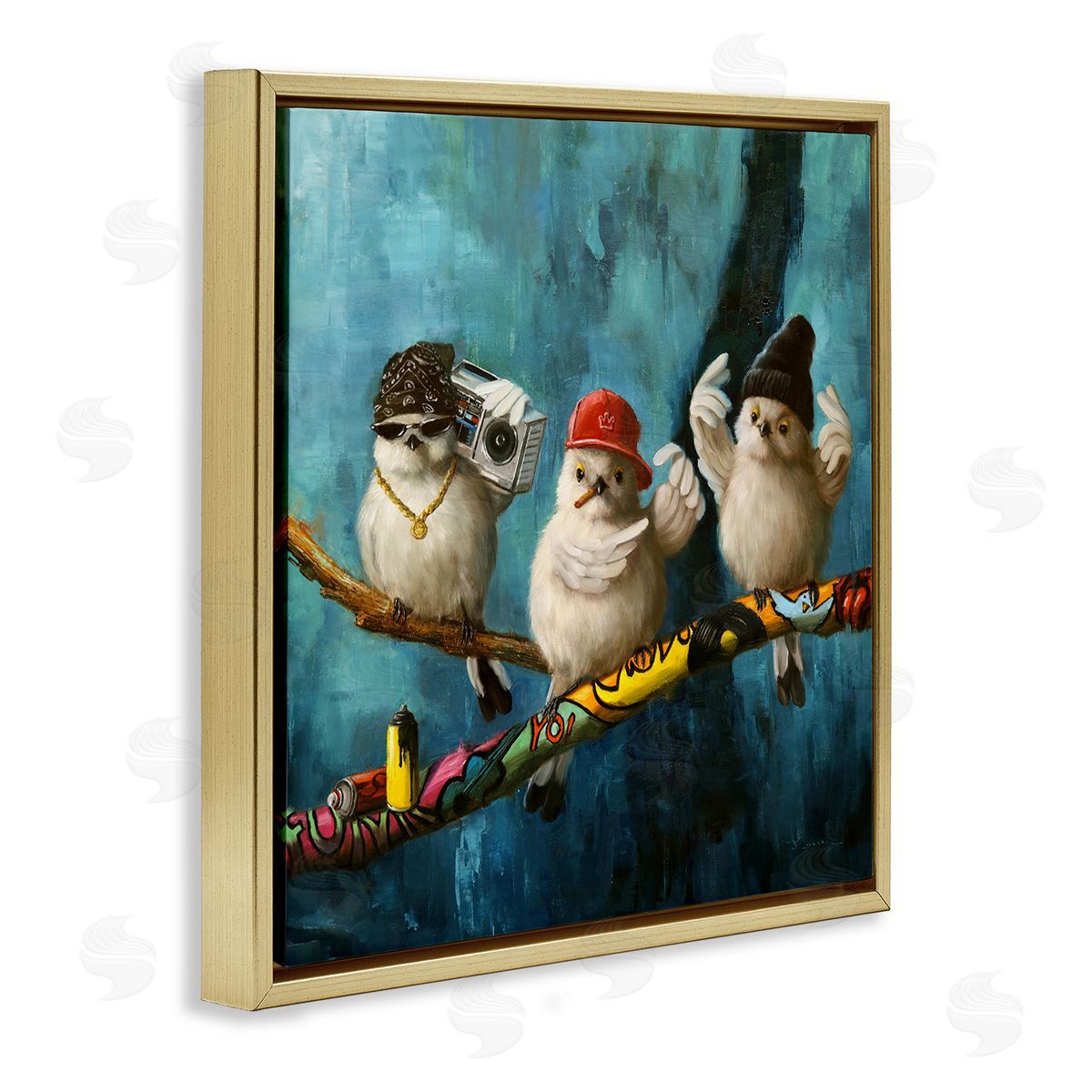 Lucia Heffernan Hip Hop Bird Trio Urban Graffiti Tree Boombox Gold Floating Frame Canvas Wall Art Print