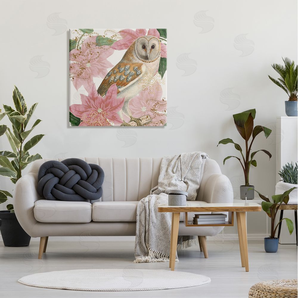 Stupell Studio Observant Posed Golden Owl Spring Floral Vintage Collage Canvas Wall Art in Room