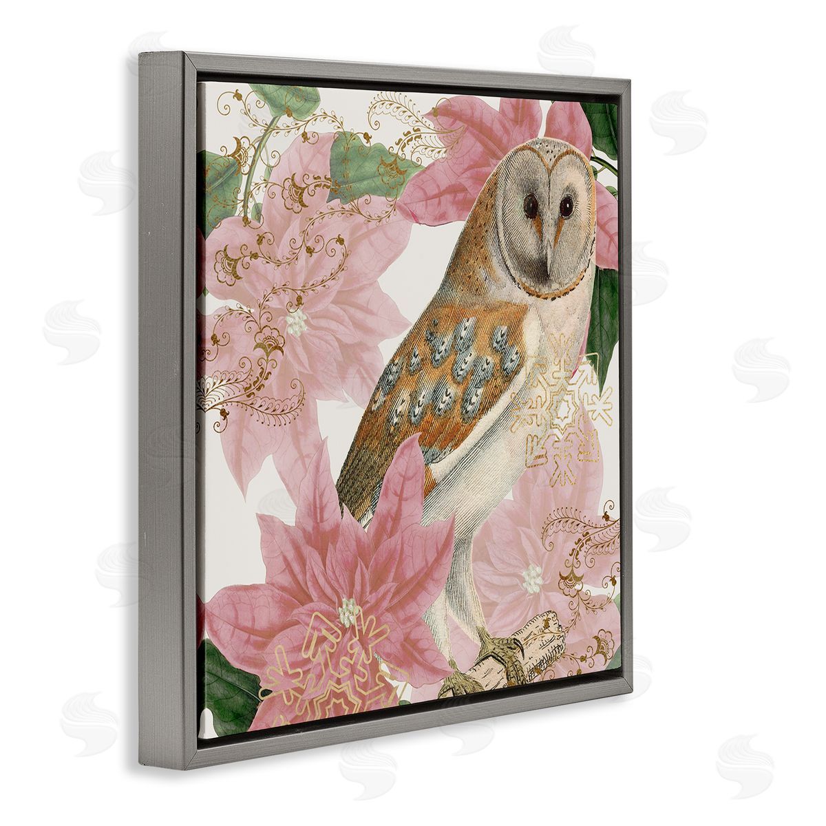 Stupell Studio Observant Posed Golden Owl Spring Floral Vintage Collage Gray Floating Frame Canvas Wall Art Print